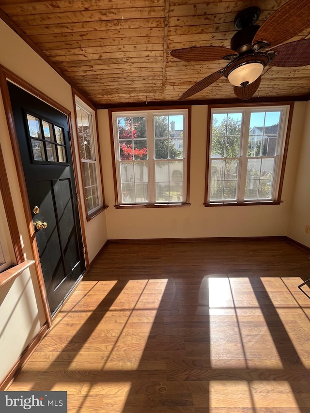 unfurnished sunroom featuring wooden ceiling and ceiling fan