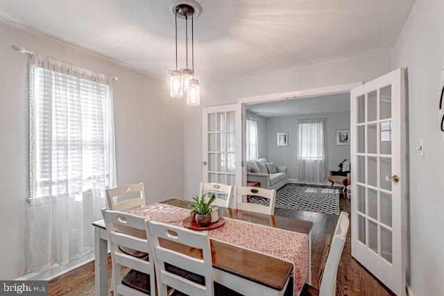 dining space with dark hardwood / wood-style flooring, french doors, and a wealth of natural light