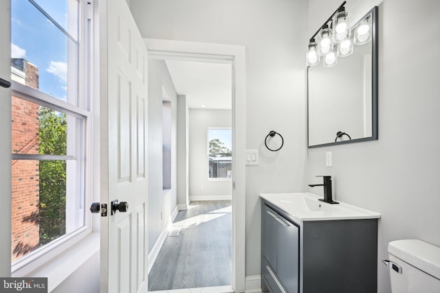 bathroom with vanity, toilet, and wood-type flooring