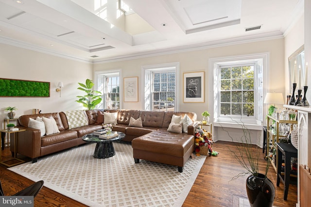 living room with ornamental molding, wood-type flooring, and plenty of natural light