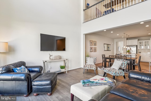 living room with a towering ceiling and dark hardwood / wood-style flooring