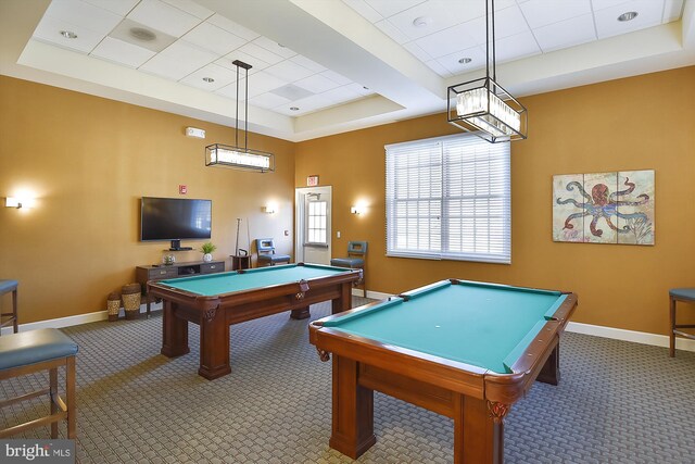 playroom featuring billiards, carpet flooring, and a raised ceiling