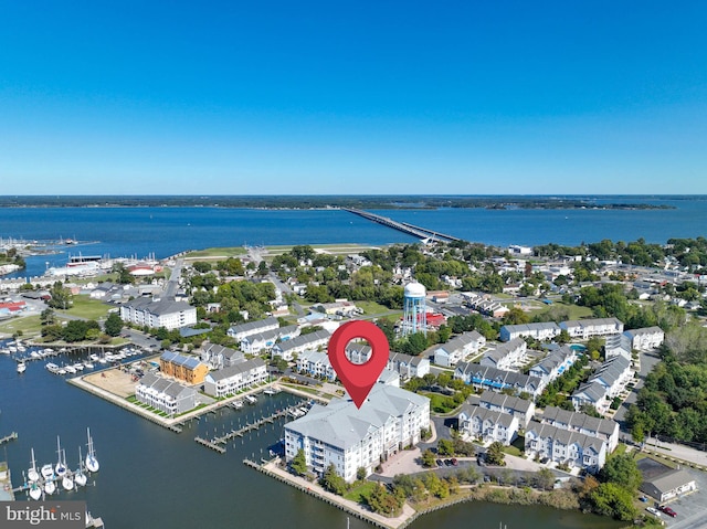 drone / aerial view featuring a water view