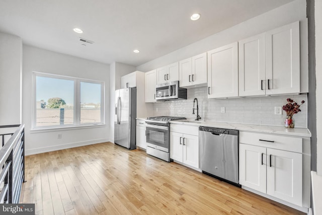 614 W Master St Unit 2, Philadelphia, PA 19122 - kitchen with decorative backsplash, white cabinets, a sink, visible vents, and stainless steel appliances