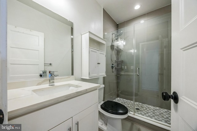 bathroom featuring vanity, toilet, and a shower with door