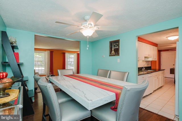 dining area featuring light hardwood / wood-style floors, a textured ceiling, sink, and ceiling fan