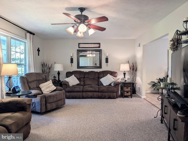 48 W 3rd St, Everett, PA 15537 - living room featuring carpet, ceiling fan, and a textured ceiling