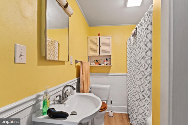 bathroom with sink, hardwood / wood-style flooring, and toilet