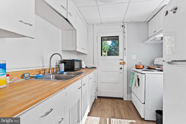 kitchen featuring white cabinetry, a paneled ceiling, light hardwood / wood-style flooring, sink, and white appliances