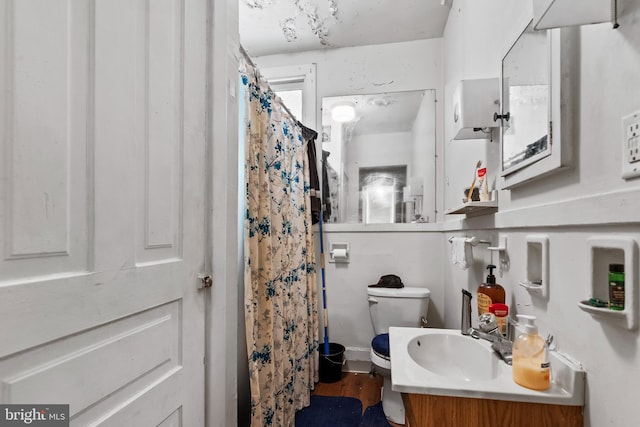 bathroom with vanity, curtained shower, wood-type flooring, and toilet