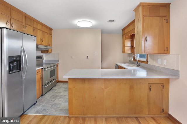 kitchen featuring kitchen peninsula, appliances with stainless steel finishes, backsplash, sink, and light hardwood / wood-style floors