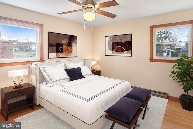 bedroom with ceiling fan and light hardwood / wood-style flooring