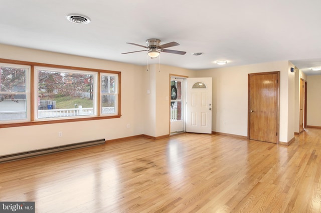 empty room with light hardwood / wood-style flooring, ceiling fan, and a baseboard heating unit