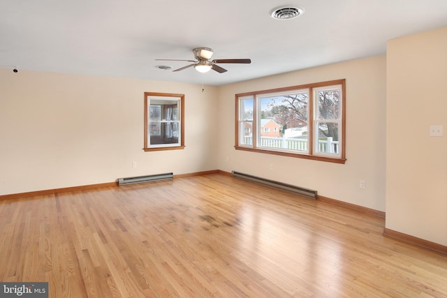 empty room with ceiling fan, a baseboard radiator, and light hardwood / wood-style floors