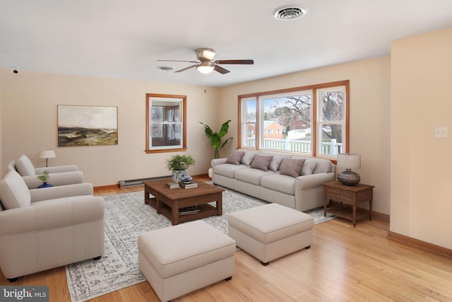 living room with ceiling fan, light hardwood / wood-style flooring, and a baseboard radiator