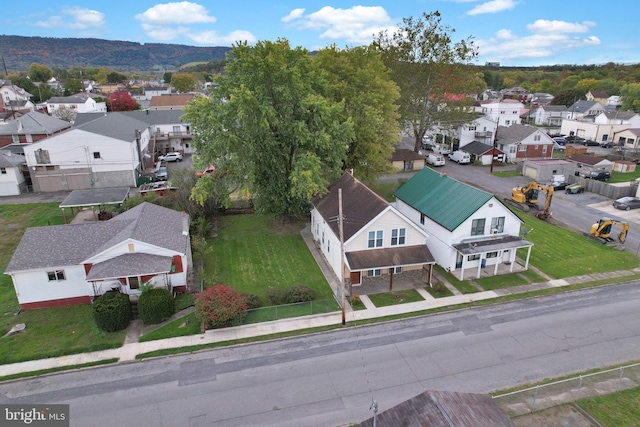 drone / aerial view featuring a mountain view