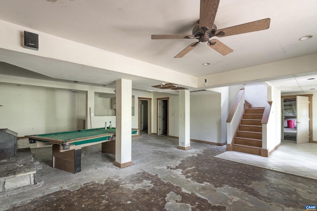 game room featuring ceiling fan and billiards