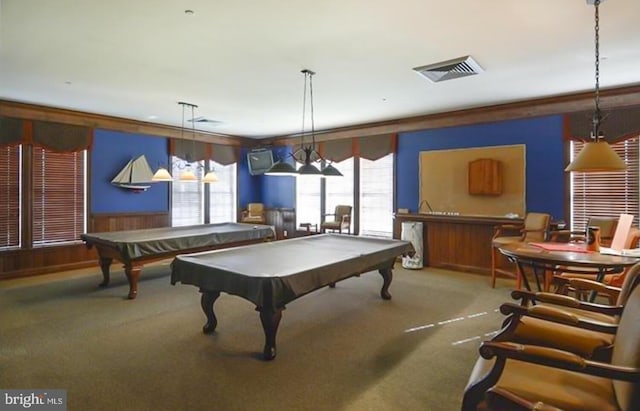 playroom with crown molding, pool table, carpet, and wood walls