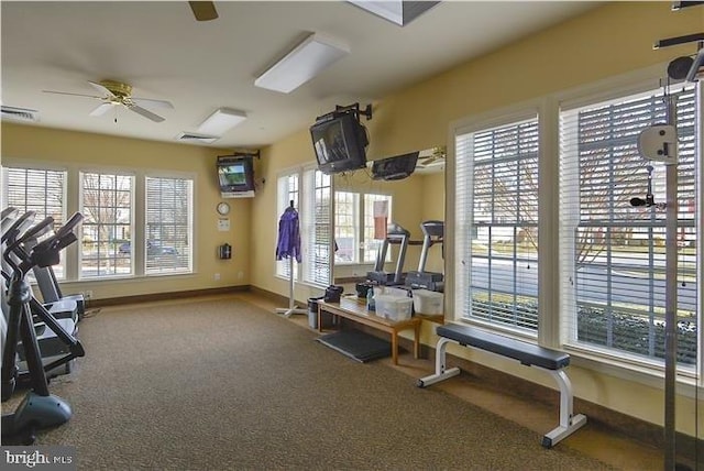 workout area with ceiling fan and carpet