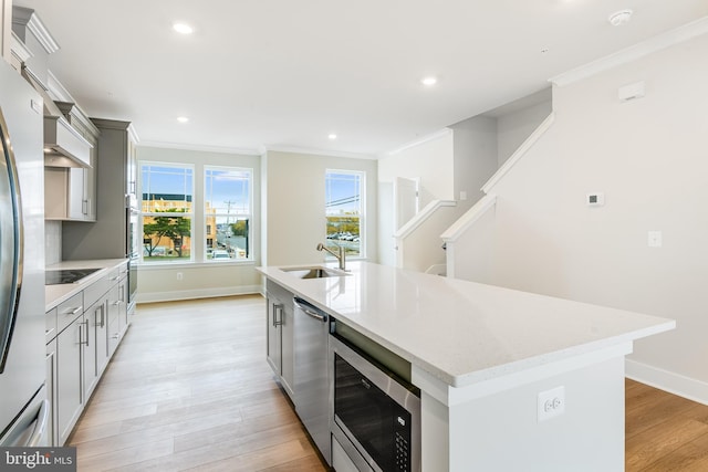 kitchen featuring an island with sink, light wood-type flooring, sink, crown molding, and gray cabinets