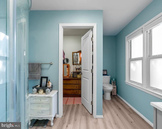 bathroom with vanity, toilet, and hardwood / wood-style flooring