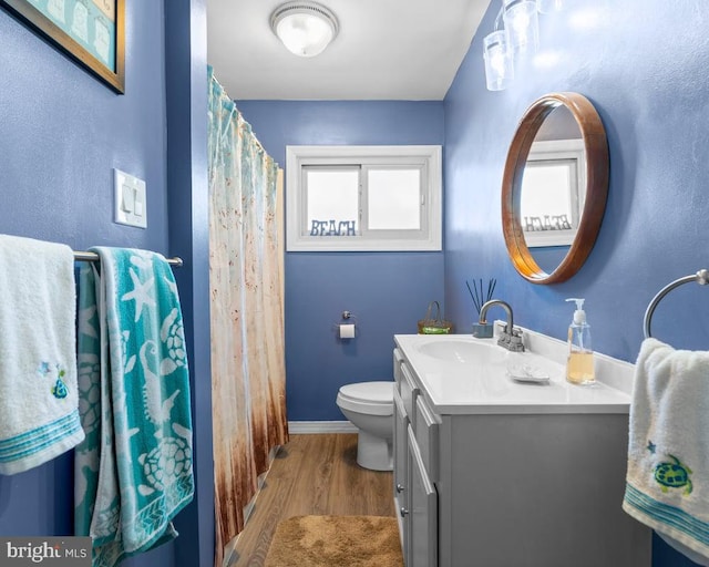 bathroom with vanity, toilet, hardwood / wood-style flooring, and a healthy amount of sunlight