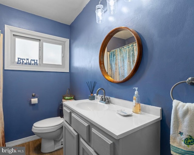 bathroom featuring vanity, hardwood / wood-style flooring, and toilet