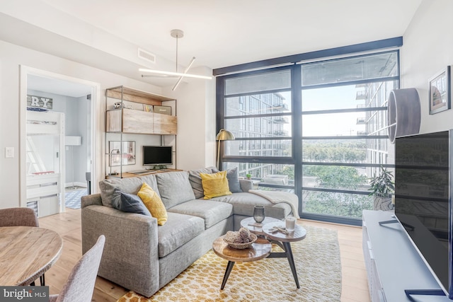 living room with light wood-type flooring, an inviting chandelier, and a healthy amount of sunlight