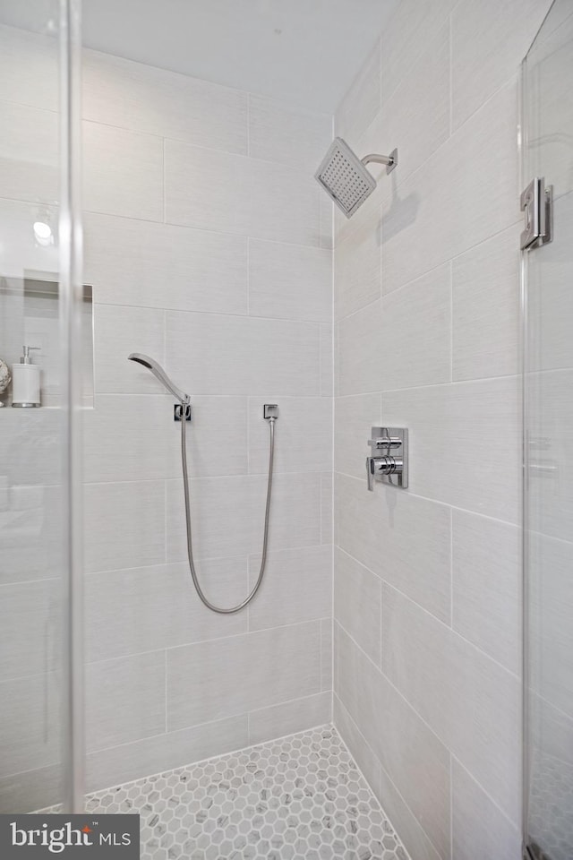 bathroom featuring a shower with door