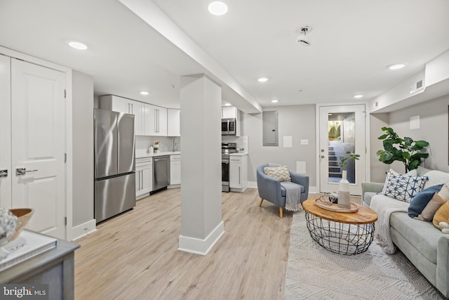 living room with light hardwood / wood-style floors, electric panel, and sink