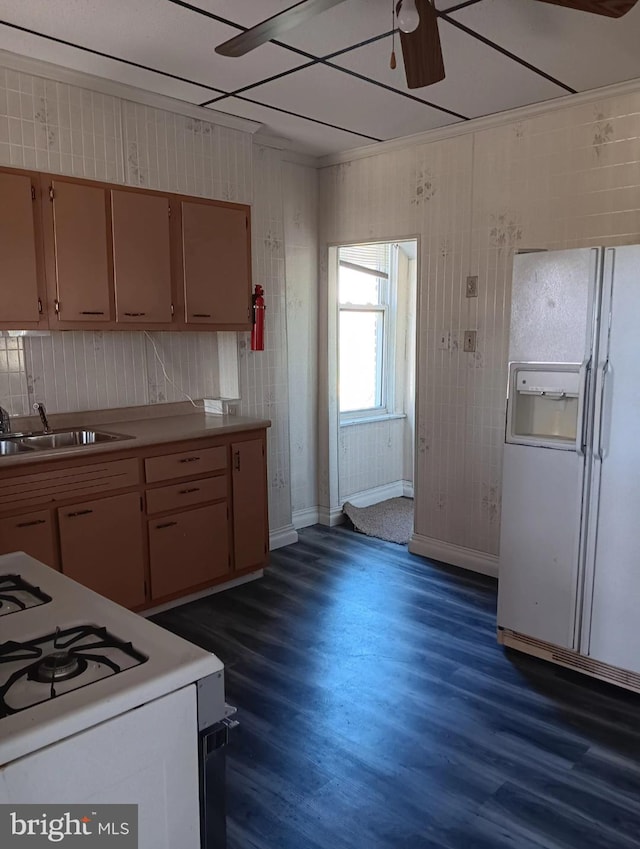 kitchen featuring sink, ceiling fan, dark hardwood / wood-style flooring, white appliances, and wood walls