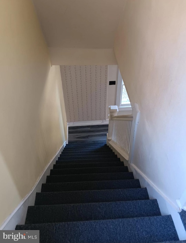 stairs with lofted ceiling and hardwood / wood-style floors