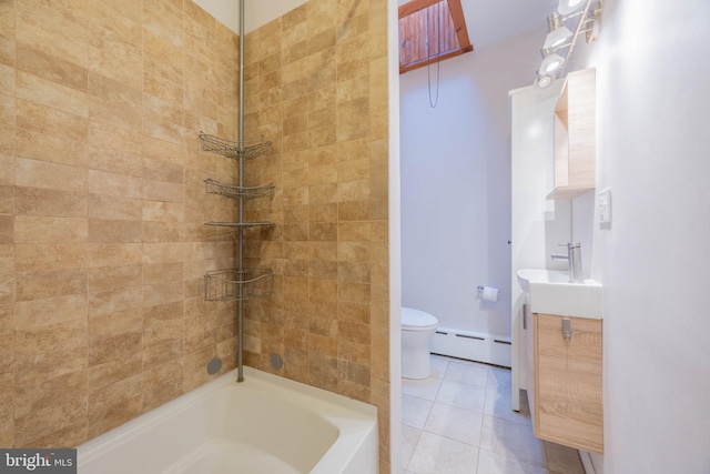 full bathroom featuring vanity, tiled shower / bath, a baseboard heating unit, tile patterned floors, and toilet