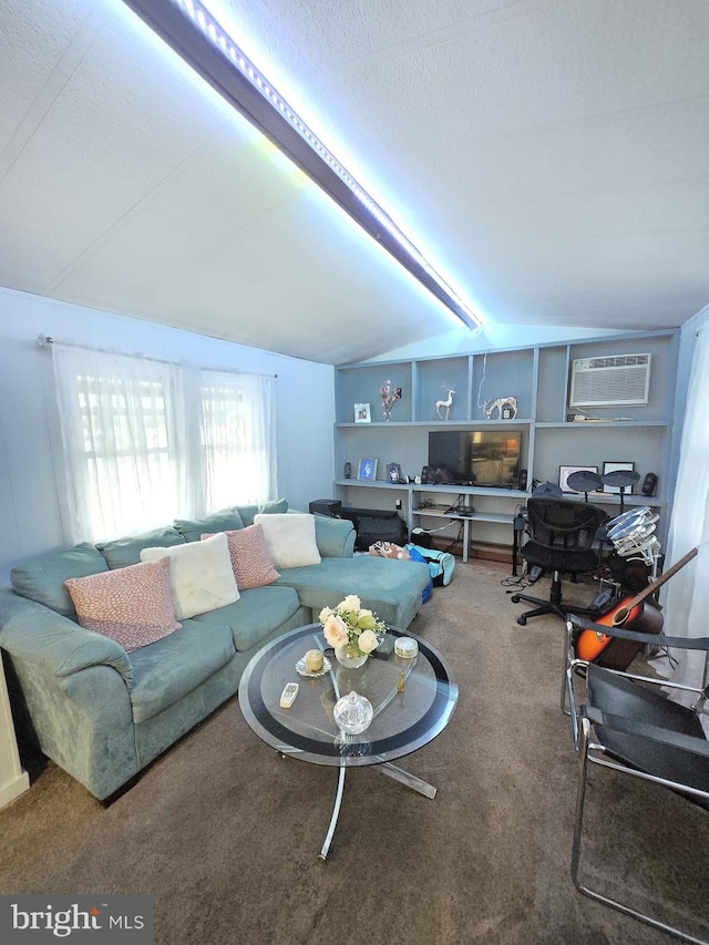 living room featuring lofted ceiling, a wall mounted air conditioner, and carpet flooring