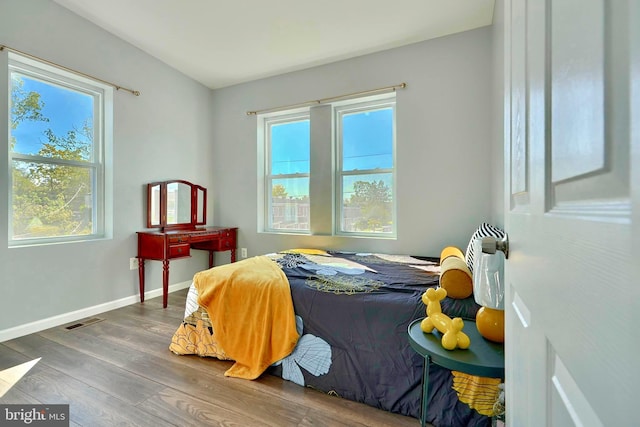 bedroom with wood-type flooring and multiple windows