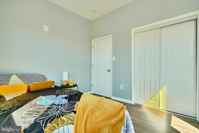 bedroom with hardwood / wood-style floors and a closet