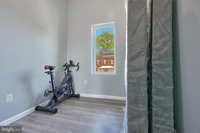 exercise room with dark hardwood / wood-style flooring