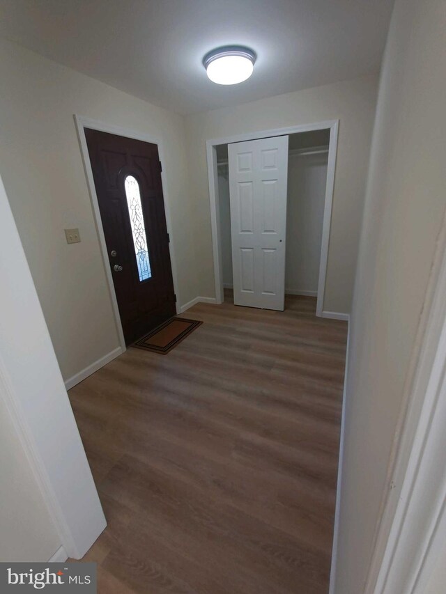 foyer entrance with baseboards and wood finished floors