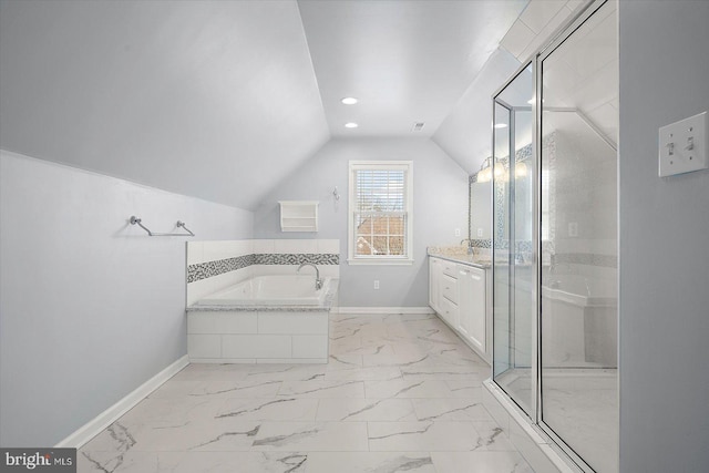 bathroom featuring a stall shower, marble finish floor, vanity, and baseboards