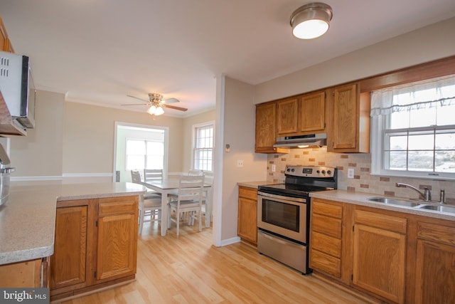 kitchen with light wood-type flooring, plenty of natural light, sink, and stainless steel electric range