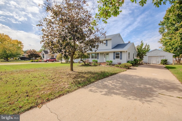 view of front of property with a garage, a front lawn, and covered porch