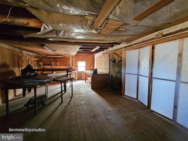 basement with hardwood / wood-style flooring