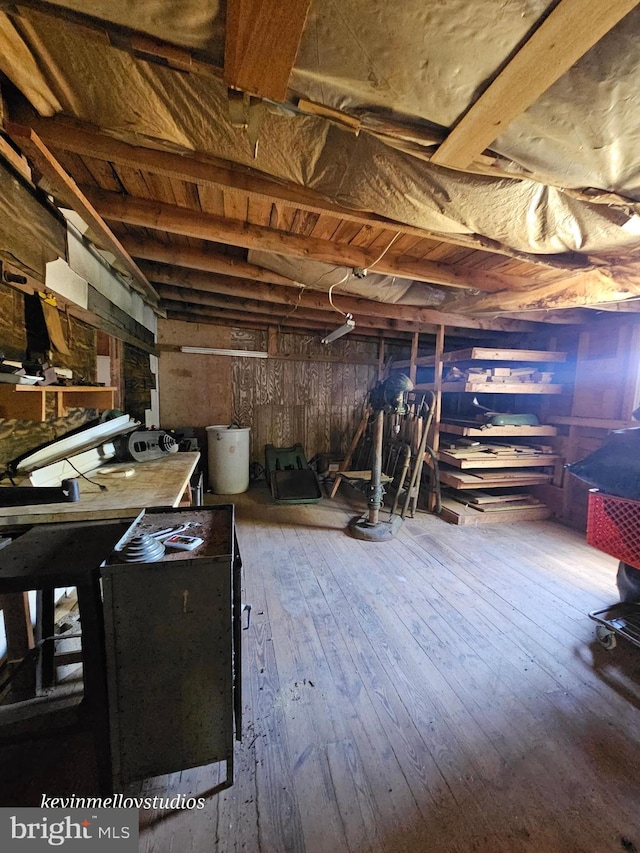 basement with wood walls and wood-type flooring