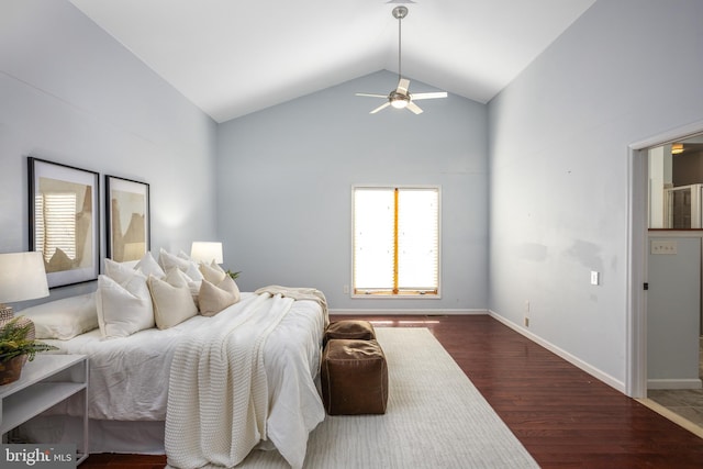 bedroom with ceiling fan, wood-type flooring, and lofted ceiling