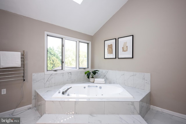 bathroom featuring lofted ceiling, a relaxing tiled tub, and radiator