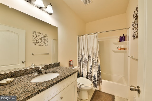 full bathroom featuring vanity, toilet, tile patterned floors, and shower / bath combination with curtain