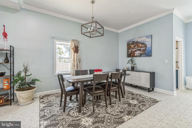 dining space with a chandelier and ornamental molding