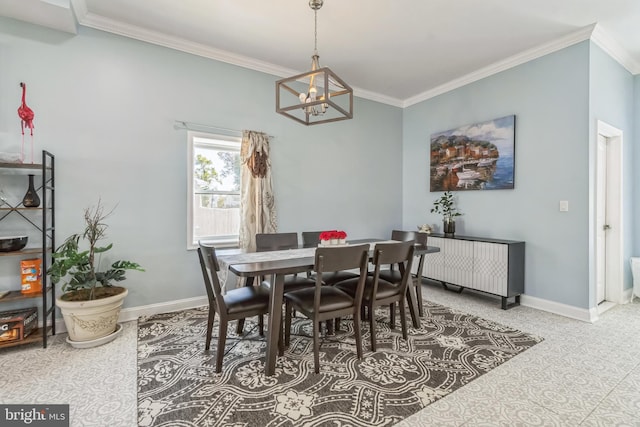 dining area with a chandelier and ornamental molding