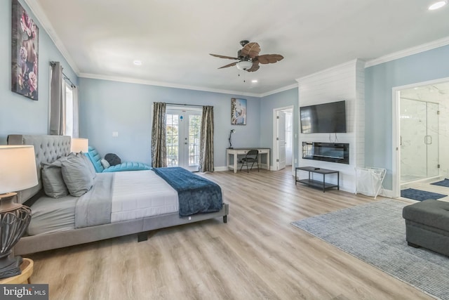 bedroom featuring ceiling fan, french doors, light hardwood / wood-style flooring, ensuite bathroom, and ornamental molding