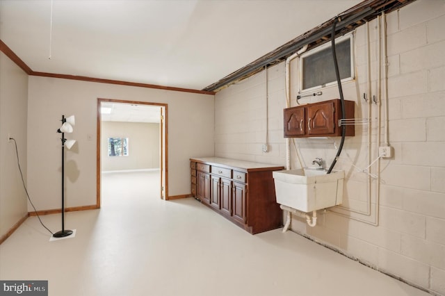 basement with crown molding and sink